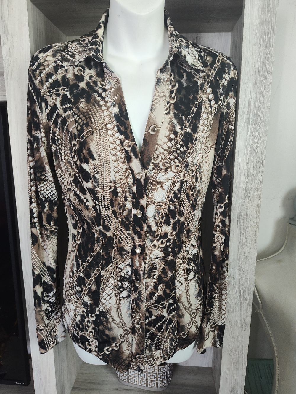 Cache Brown and Cream Chain-Animal Print Blouse SZ XS Good Condition